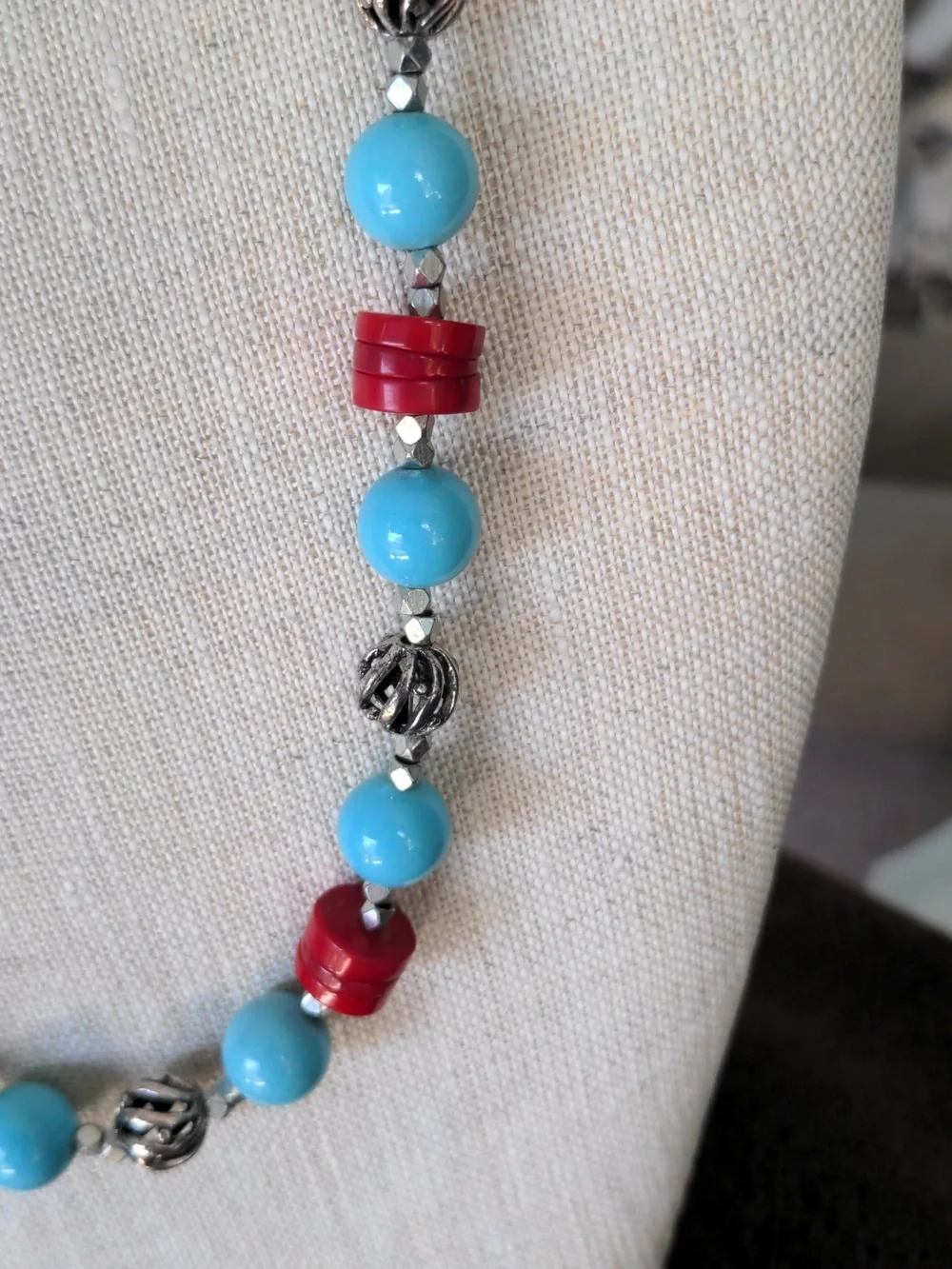 Turquoise Hued Blue & Red Coral  Bead Necklace , 25